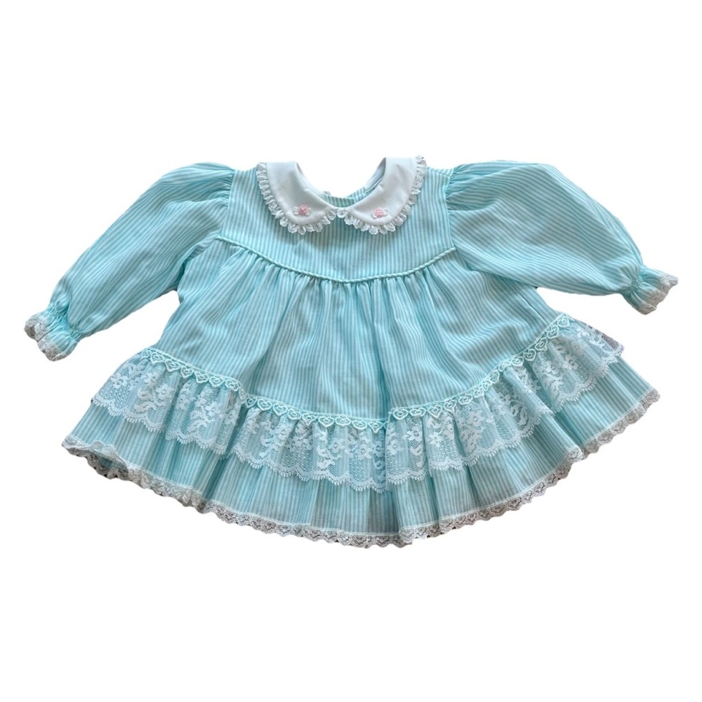 Bryan vintage 1990s turquoise white stripe fancy little girls dress SZ 3-6‎ Mos